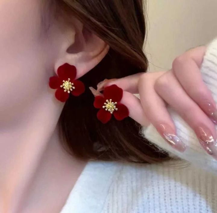Korean Earring Red Flower - Image 3