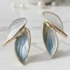 Korean Earrning White Blue Leaf